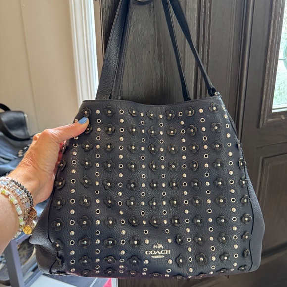 Navy Blue Coach Shoulder Bag With Silver Floral Rivets - Picture 8 of 8